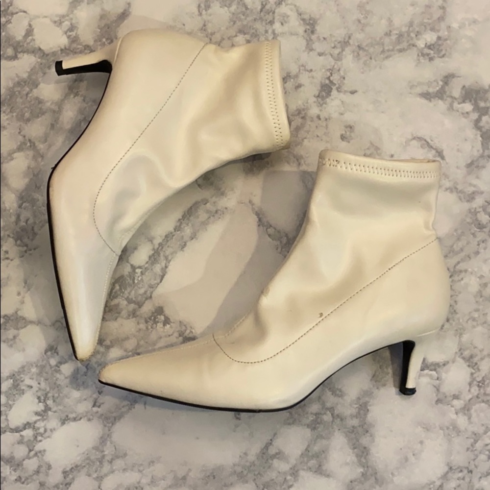 White pointed toe kitten heel sock boot